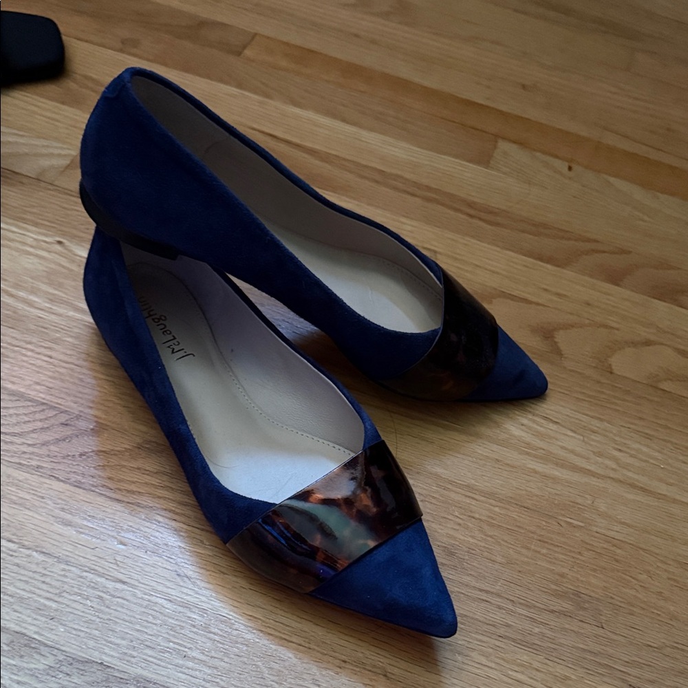 J.McLaughlin Navy Suede Pointed-Toe Flats with Tortoiseshell Accent - Women